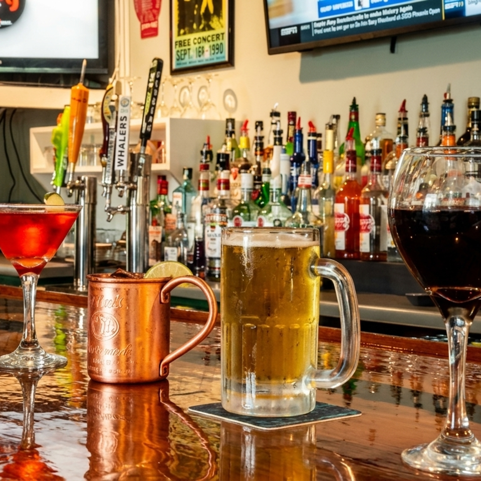 Cocktails, a copper mug, beer, and red wine sit on a polished bar before a liquor display and televisions.