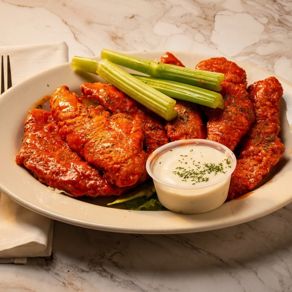 Plate of saucy buffalo chicken tenders with celery sticks and ranch dipping sauce on a marble table.