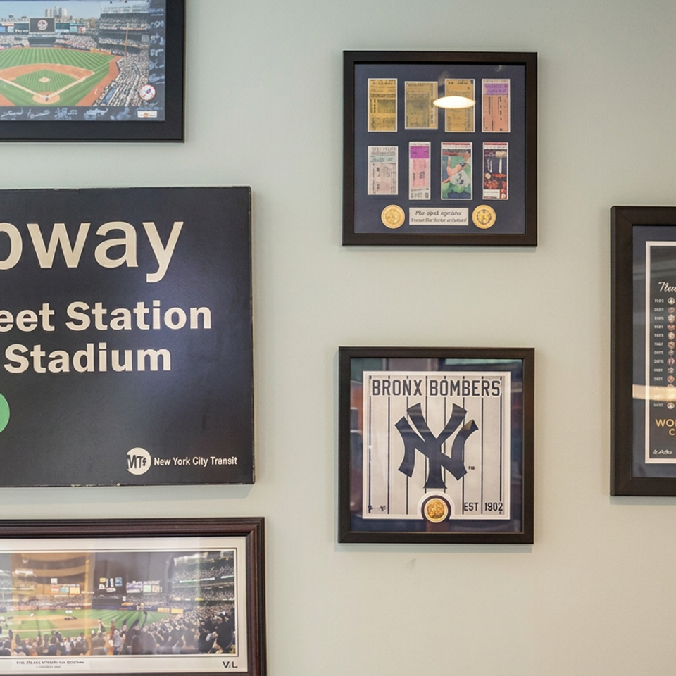 Wall displaying a Subway 161 Street station sign alongside framed New York Yankees memorabilia and baseball stadium artwork.