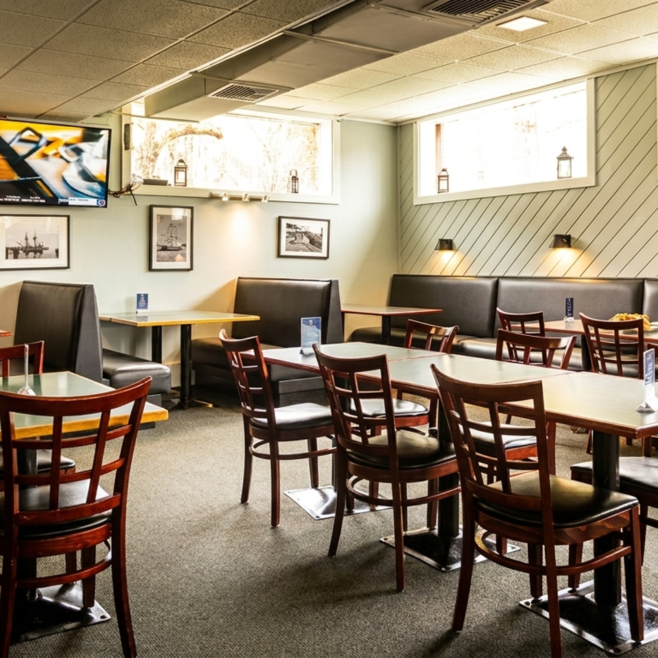 Bright casual restaurant dining room with wooden tables, upholstered booths, framed lighthouse photographs, and a wall-mounted television.