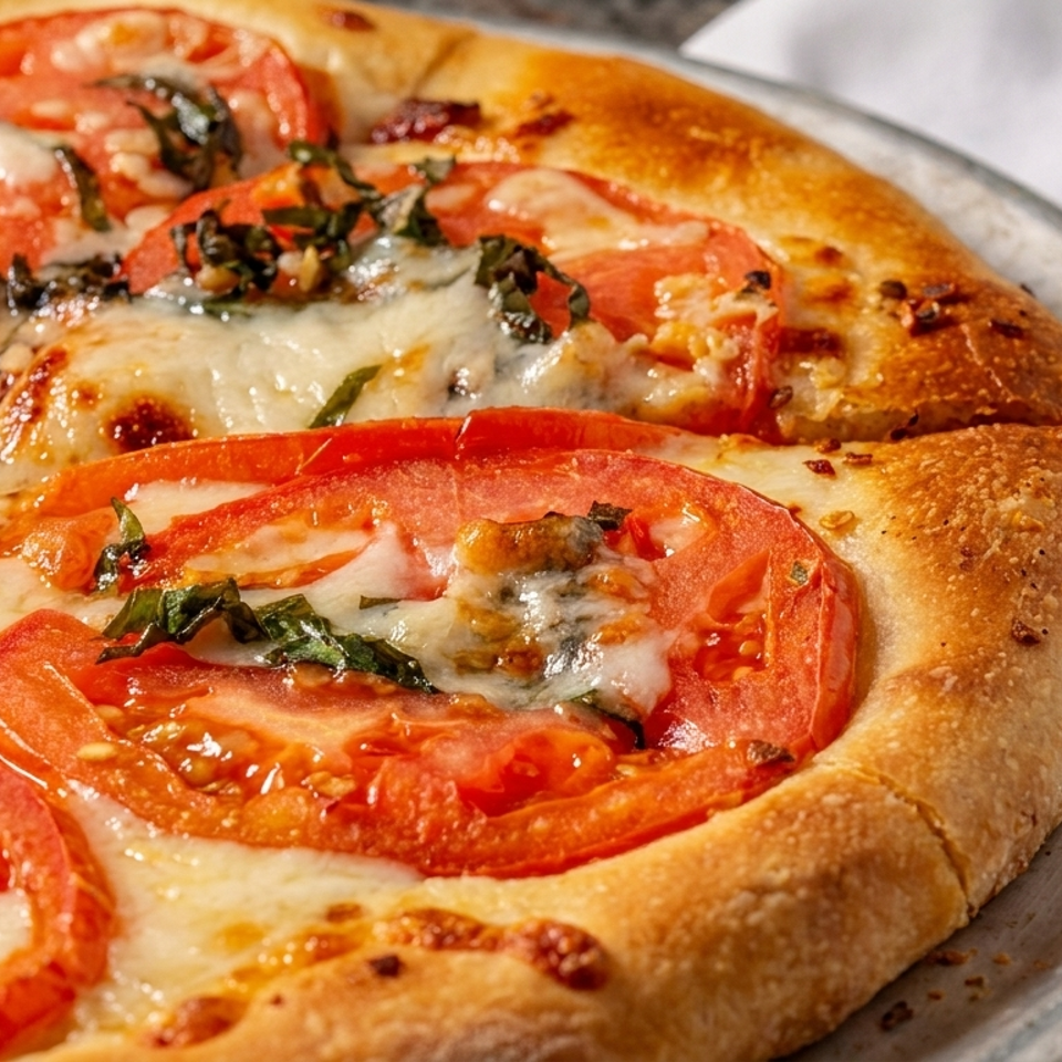 Close-up of a golden-crusted pizza topped with melted mozzarella, sliced tomatoes, and fresh basil on a plate.