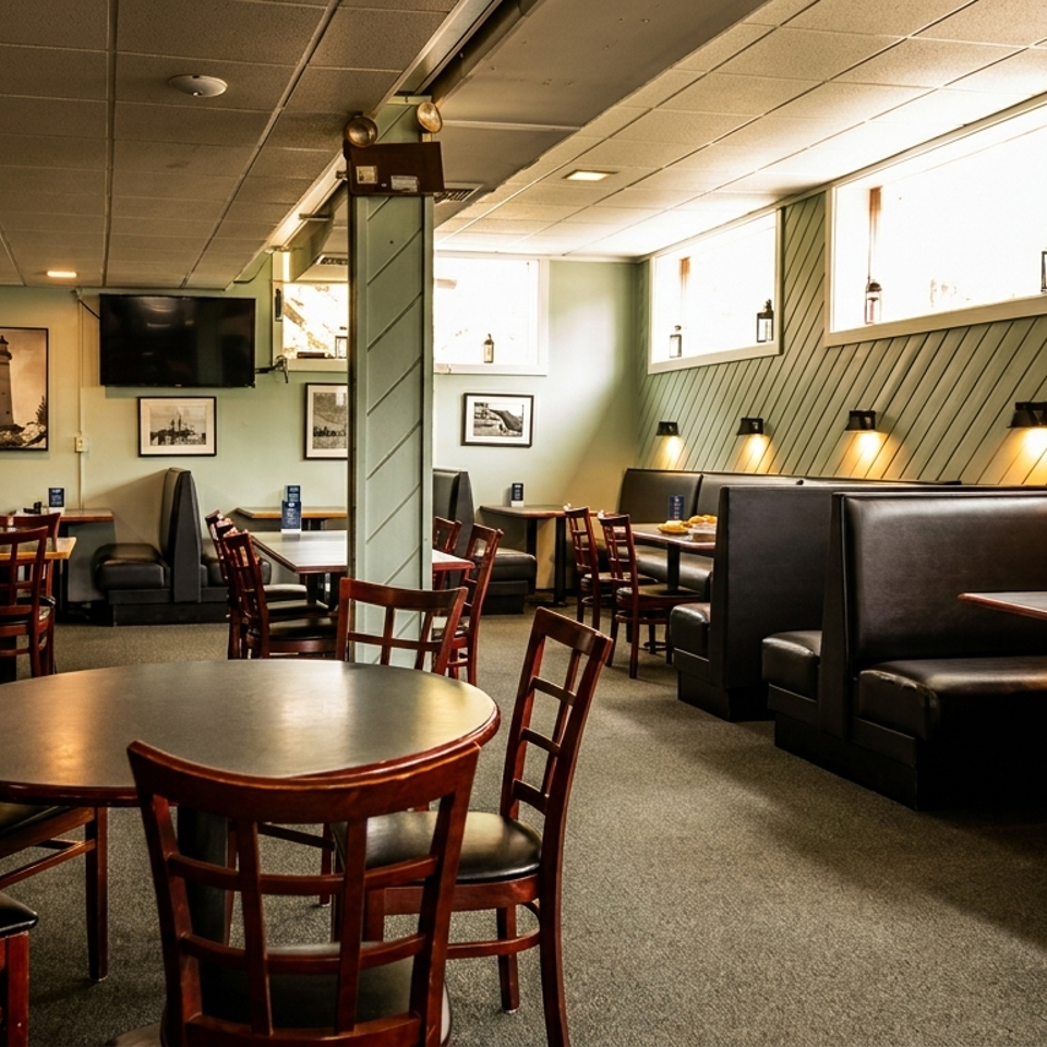 Spacious restaurant dining room with wooden tables, leather booths, framed artwork, and warm wall lighting.