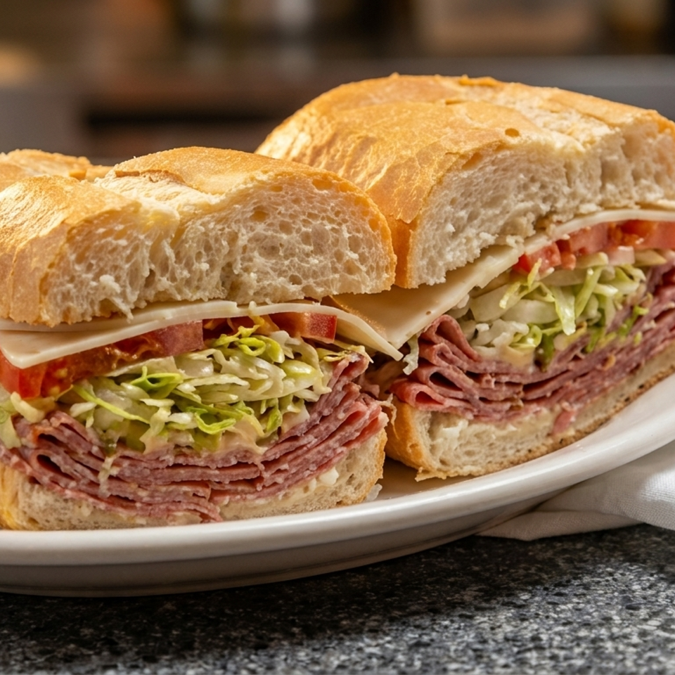 Overstuffed deli sandwich with layered meats, cheese, lettuce, and tomato on crusty bread, sliced and served on a white plate.