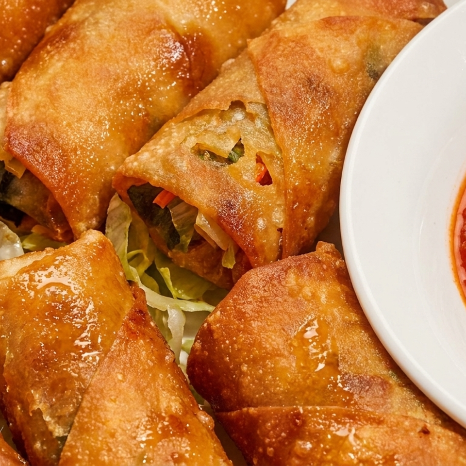 Golden-brown vegetable spring rolls served on lettuce with a bowl of red dipping sauce.