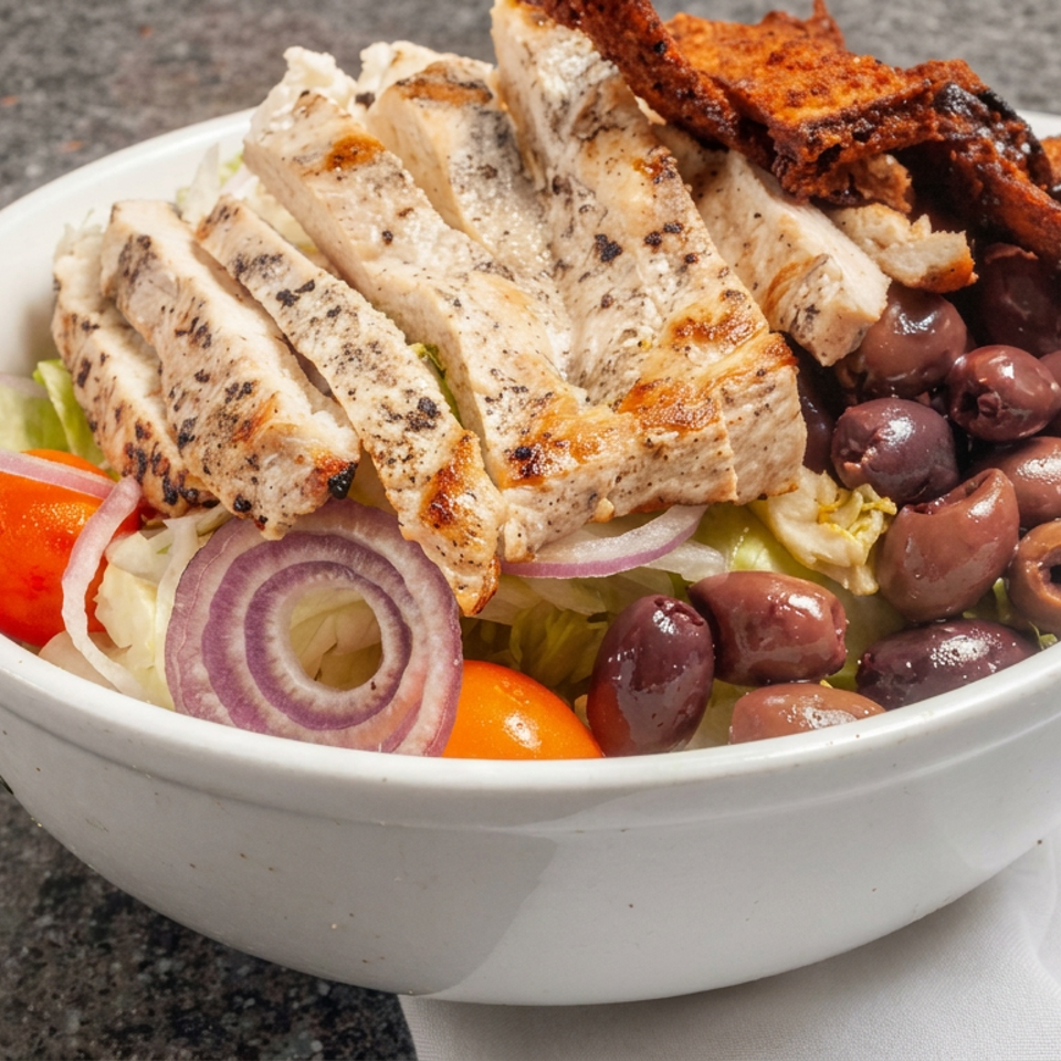 Greek salad bowl topped with grilled chicken, Kalamata olives, pita crisps, tomatoes, lettuce, and red onion.