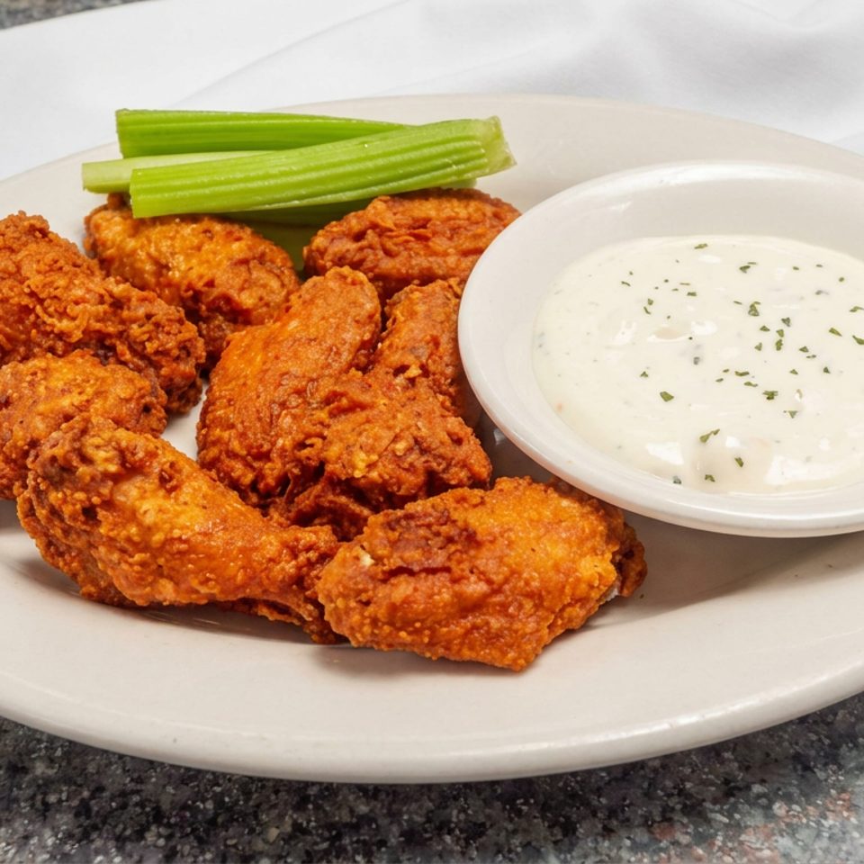 Crispy fried chicken tenders with celery sticks and a bowl of creamy herb dipping sauce on a plate.